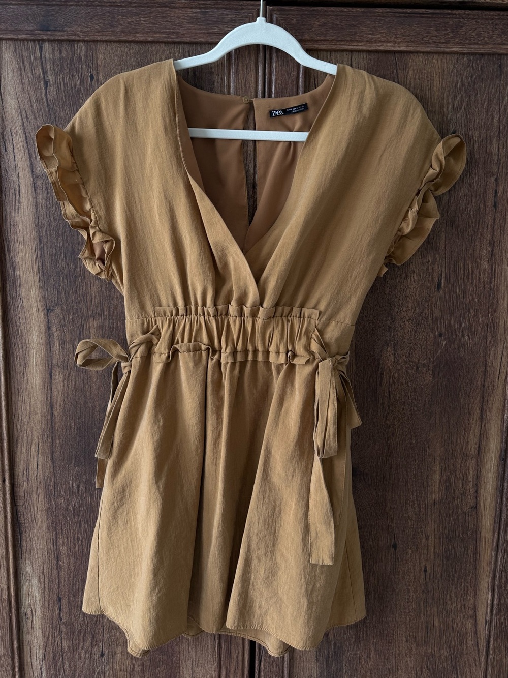 Zara Mustard Wrap Mini Dress with Ruffle Sleeves